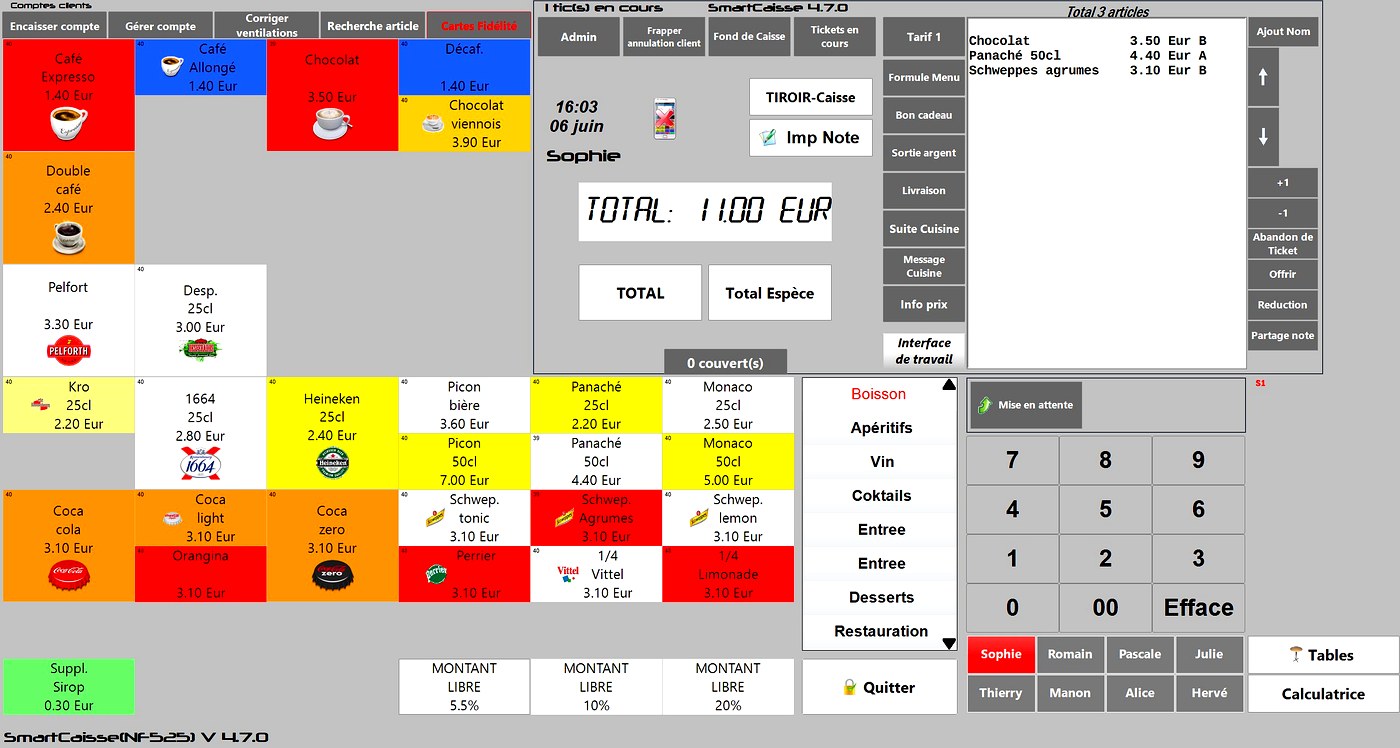 Interface SmartCaisse Premium v4.7.0 — écran de caisse tactile avec articles, ticket en cours et pavé numérique. Logiciel certifié NF525.